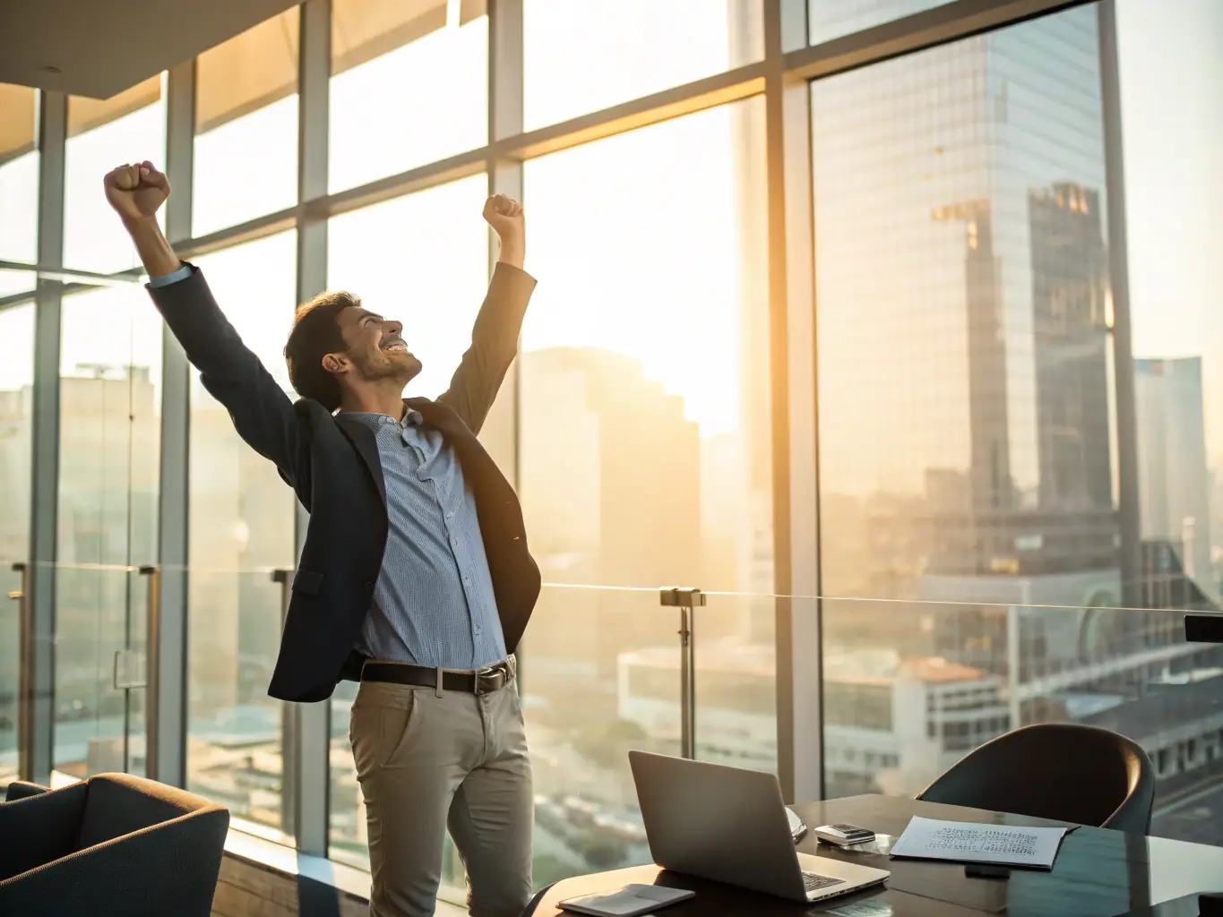 A successful business owner celebrating with their team in a modern office, showcasing the positive outcomes of effective financial solutions.