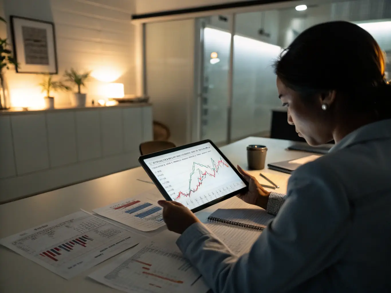 A business professional reviewing a detailed financial report on a tablet, with charts and graphs displayed clearly.