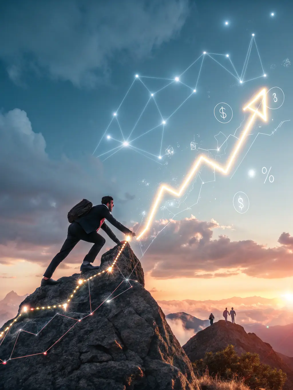 A futuristic graph predicting financial trends based on historical data and current market conditions.