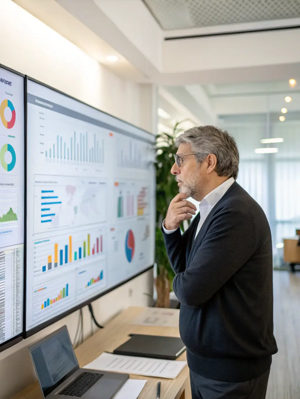 A professional businessman analyzing financial data on a tablet, with charts and graphs displayed clearly.
