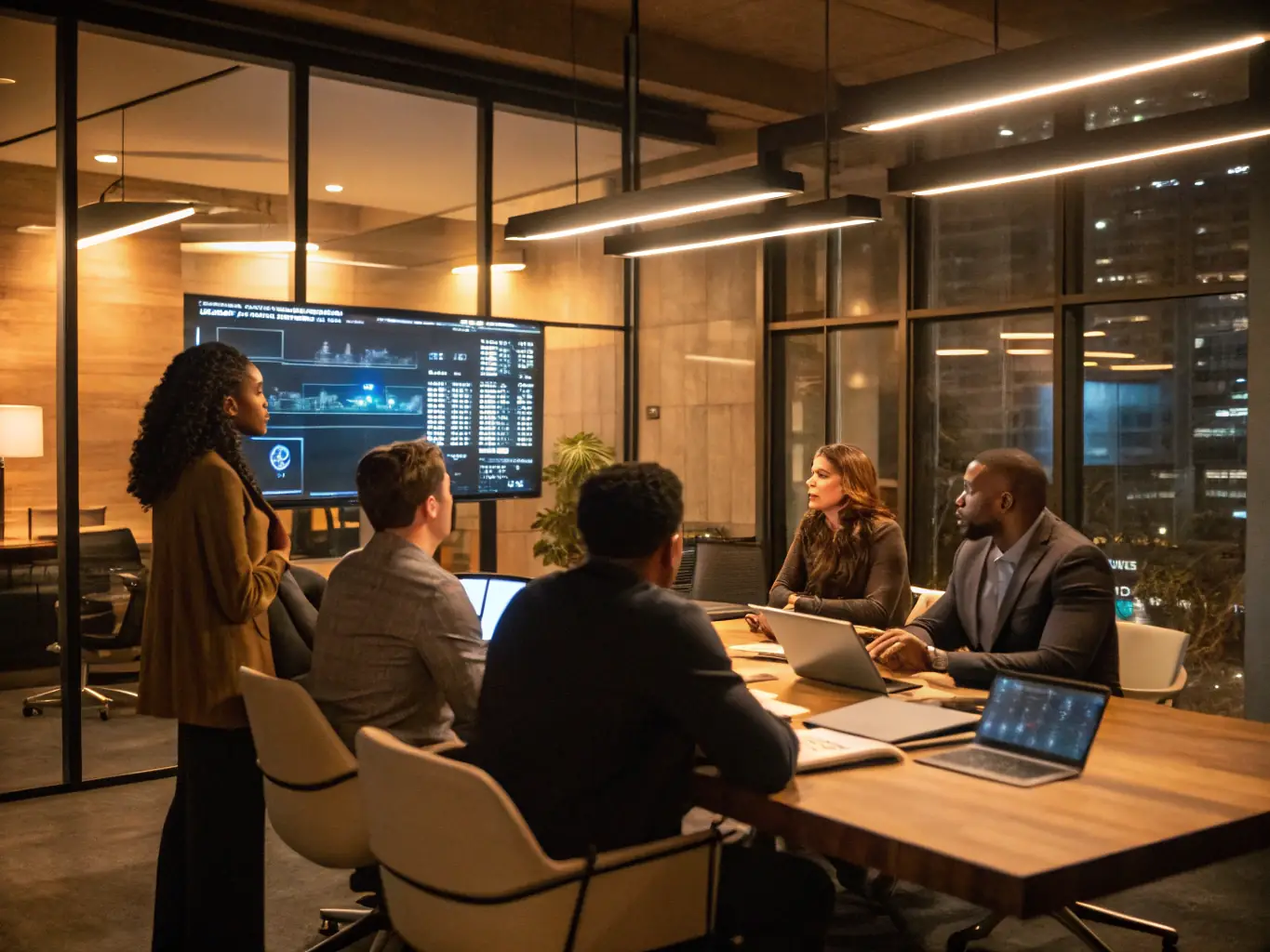 A group of business people collaborating around a table, analyzing data on a laptop screen, with a focus on strategic planning.